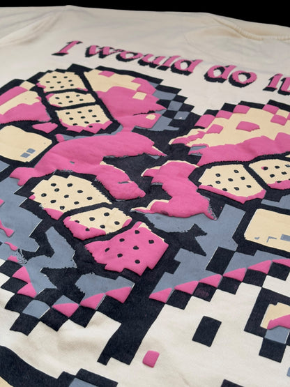 Macro close-up of Imerno’s embroidered pixel heart design – “I Would Do It Again” tee crafted by one of India’s top streetwear brands inspired by BLUORNG and Gen Z expression.