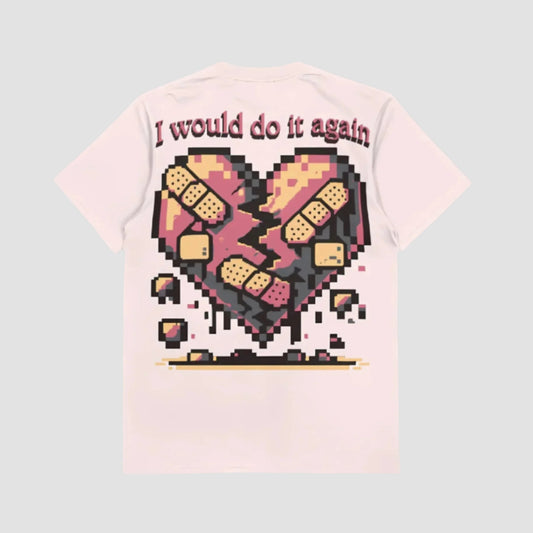 Imerno’s “I Would Do It Again” oversized t-shirt featuring pixelated broken heart design – bold Gen Z streetwear inspired by brands like BLUORNG and among the best streetwear brands in India.