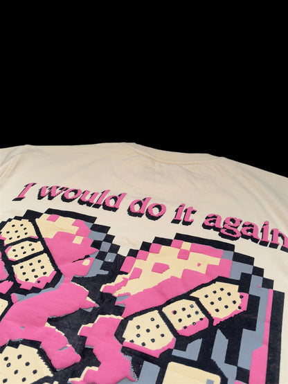 I would do it agaDetailed view of Imerno’s “I Would Do It Again” tee – embroidered retro pixel design and broken heart motif from a limited edition Indian streetwear drop.in - IMERNO