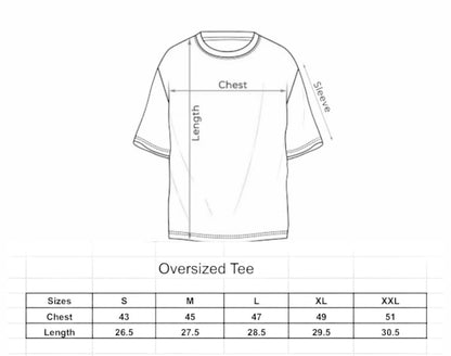 Oversized t-shirt size chart from Imerno – a premium streetwear brand in India known for limited edition streetwear collections.